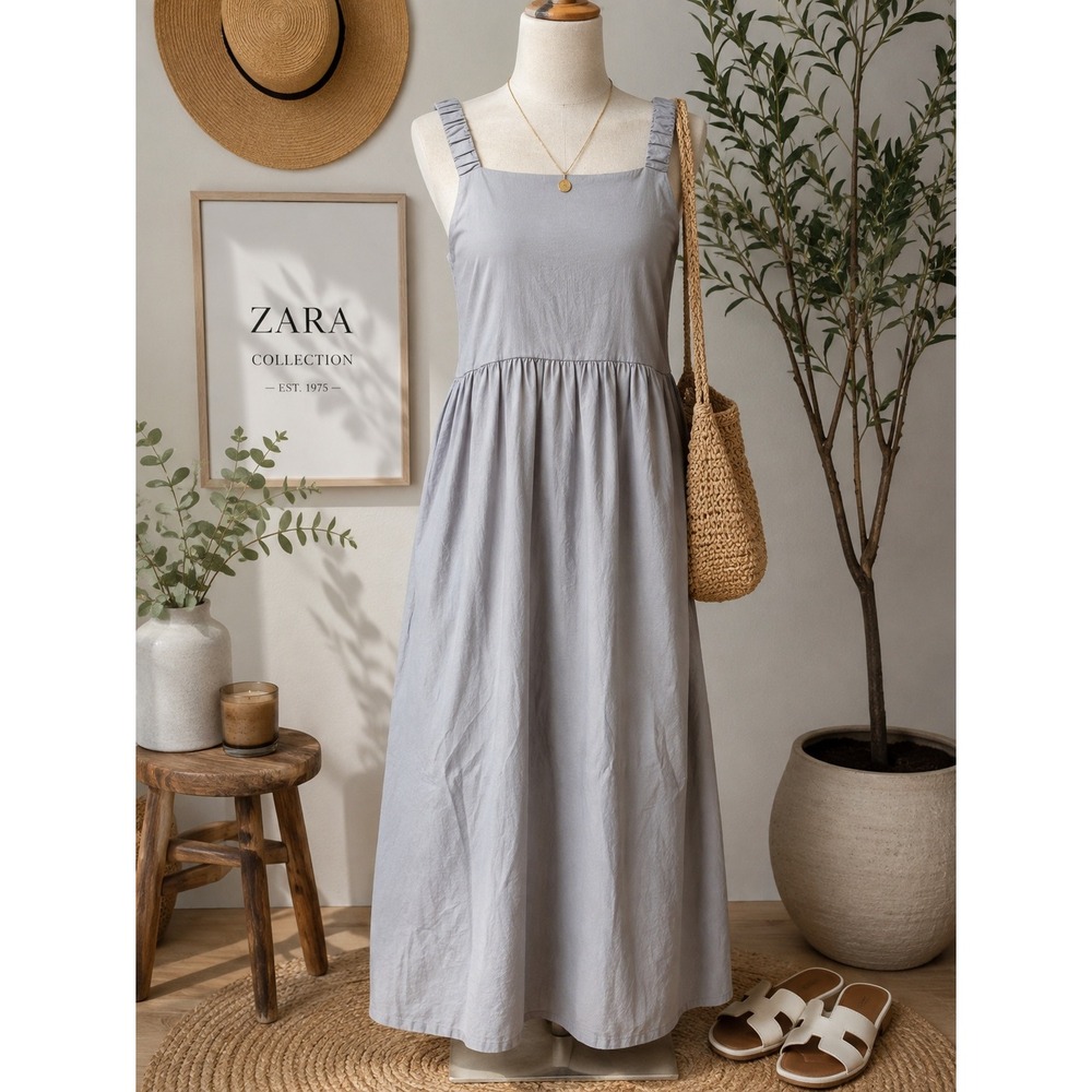 Zara Women's Gray Cotton Maxi Dress Ruched Straps Square Neck Cottagecore
